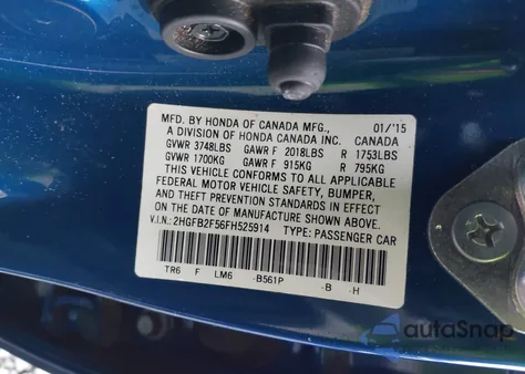 2015 Honda Civic Lx from USA, damaged, VIN 2HGFB2F56FH525914